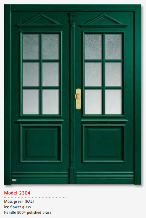 UNILUX Model 2304 Moss Green Door, Ice Flower Glass, Polished Brass Handle, Premium Security Timber Door